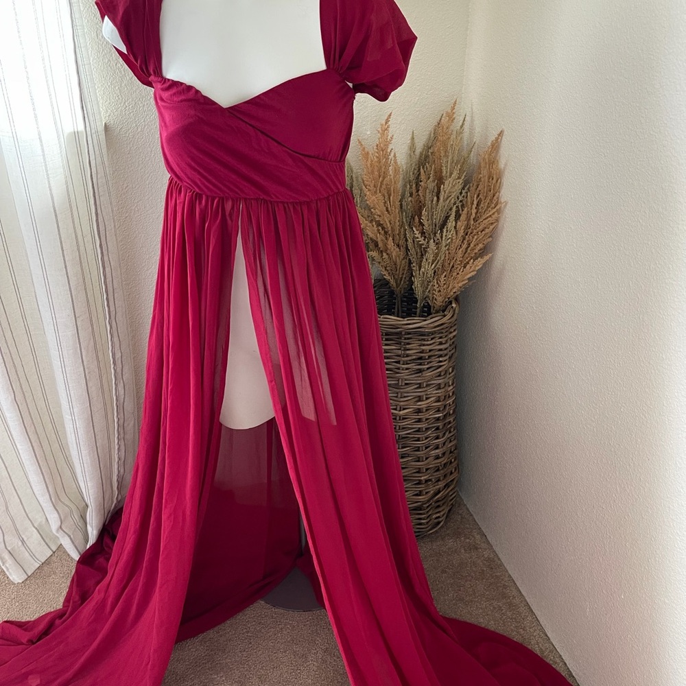Cranberry/Maroon Maxi Chiffon Maternity Shoot Dress with Cap Sleeve Size Small